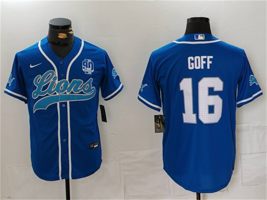 Men's Blue Detroit Lions #16 Jared Goff With 90th Anniversary Patch Cool Base Stitched Baseball Jersey